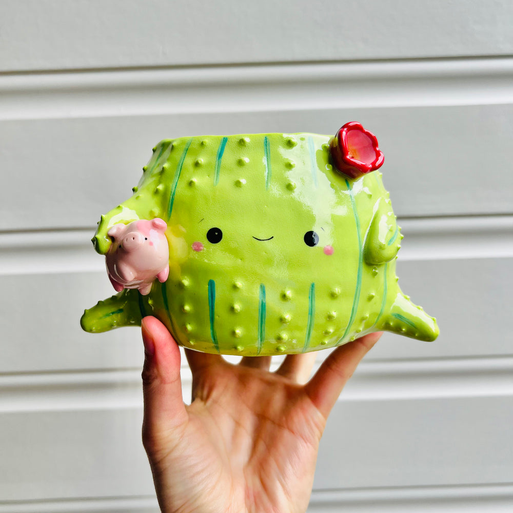 Large Flowery cactus pot with pig friend, photo 1 of 6