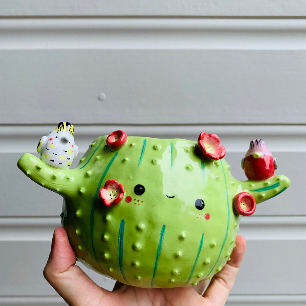 Flowery cactus pot with Aussie bird friends, photo 2 of 7