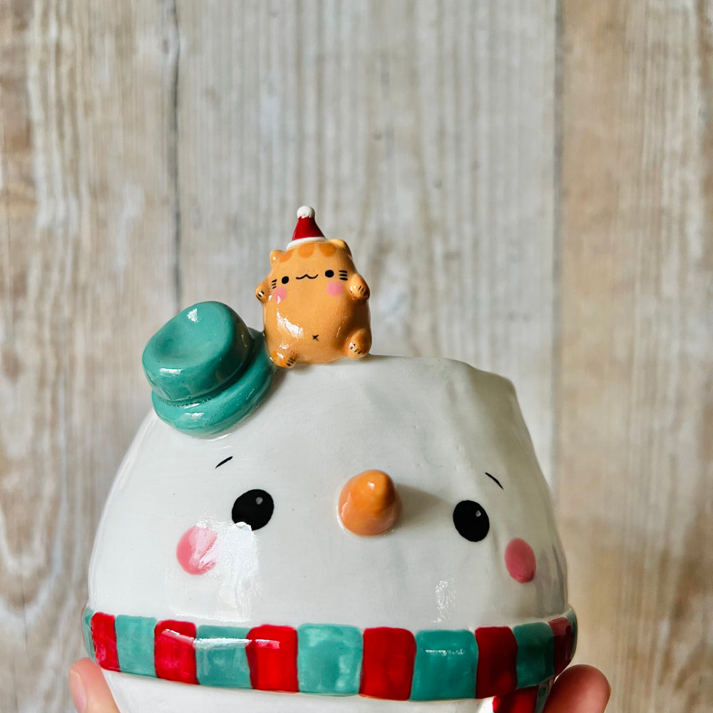BAUBLE SNOWMAN POT with ginger kitty friend, photo 7 of 7