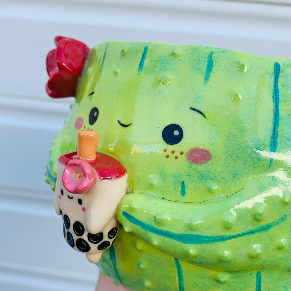 Dark green flowery cactus with bubble tea friend planter, photo 8 of 10