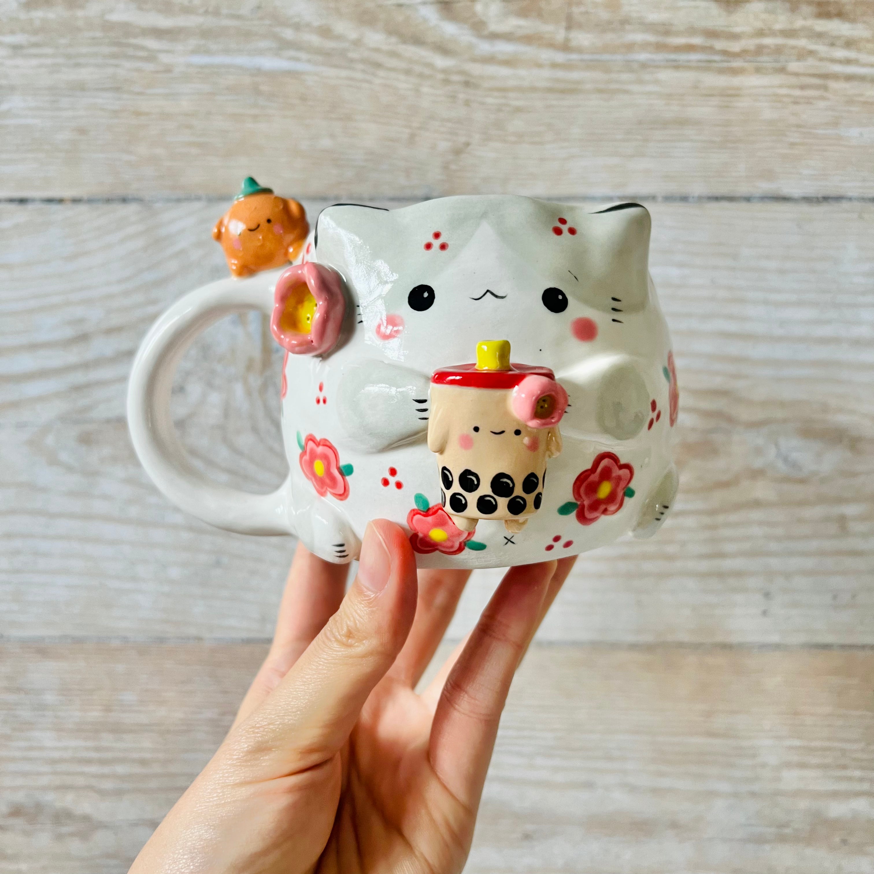 LNY CAT mug with Bubble tea and mandarin friends