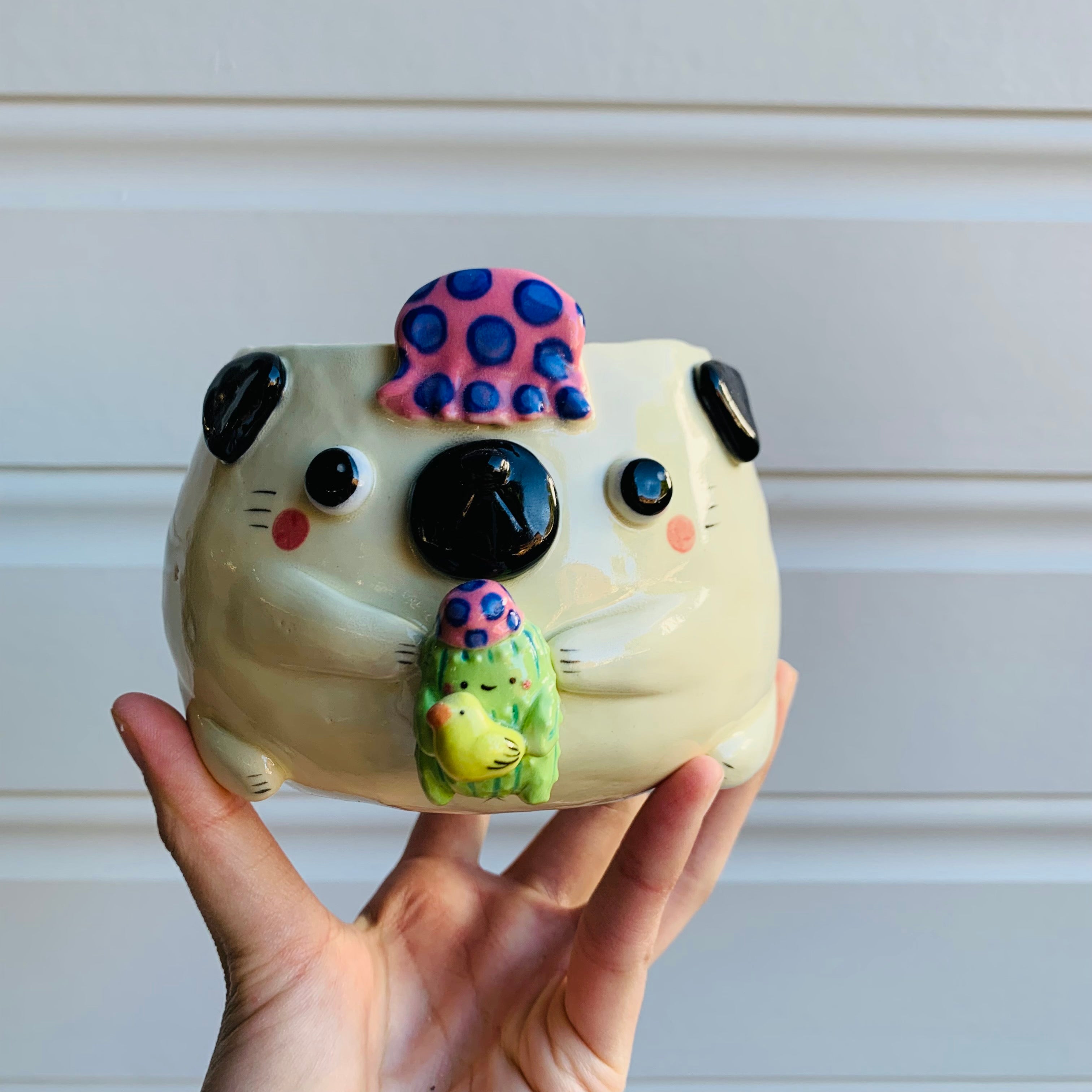 Bath time Puggo with Cactus friend pot