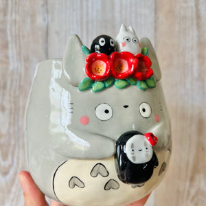 Flowery TOTORO POT with No face, Chibi Totoro and Soot sprites friends