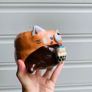 Red panda pot with bubble tea friend