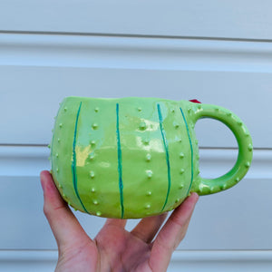 Light green flowery cactus mug with bubble tea friend