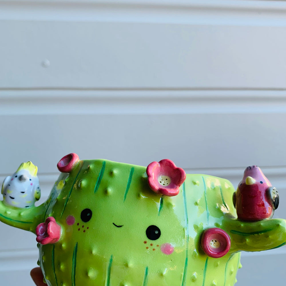 Light green flowery cactus pot with Aussie bird friends, photo 2 of 8