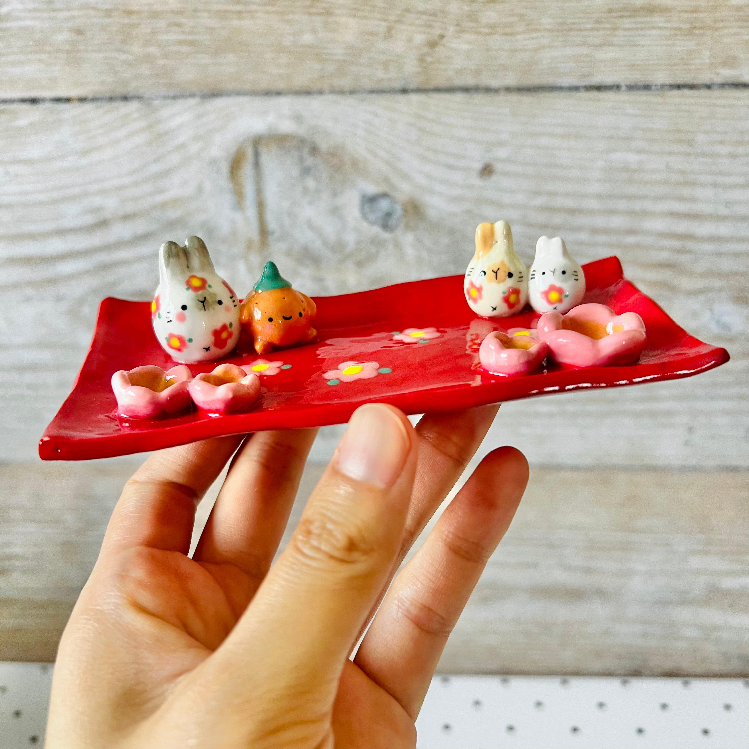 Red LNY flowery bunny trinket dish