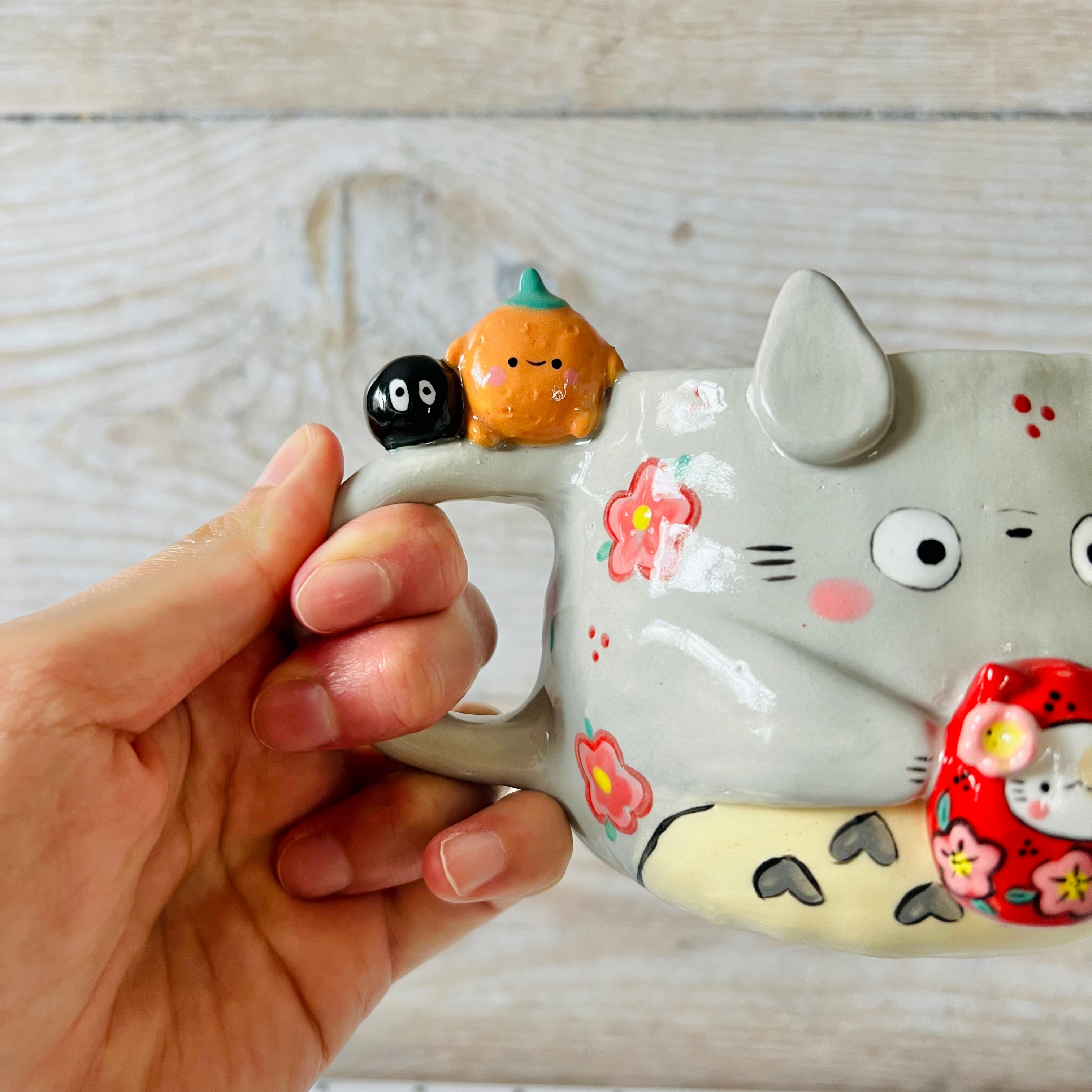 LNY TOTORO MUG with cat Daruma and mandarin friends