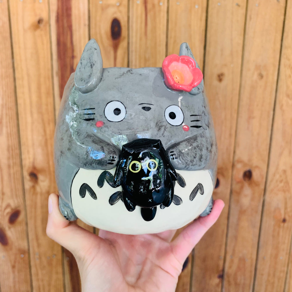 SET OF 2! Black cat pot with Totoro friend AND Totoro pot with black cat friend, photo 12 of 18