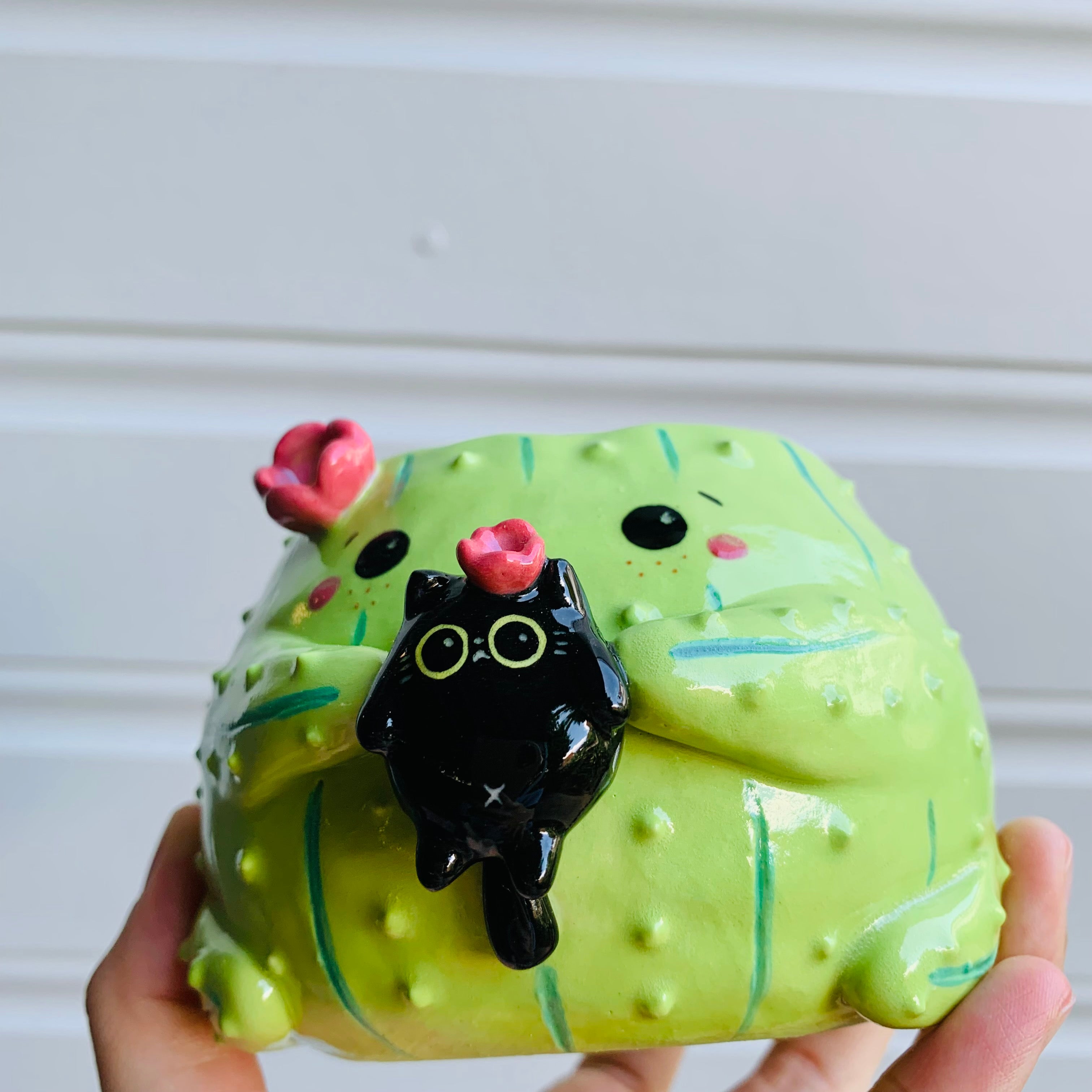 Flowery cactus pot with black cat friend