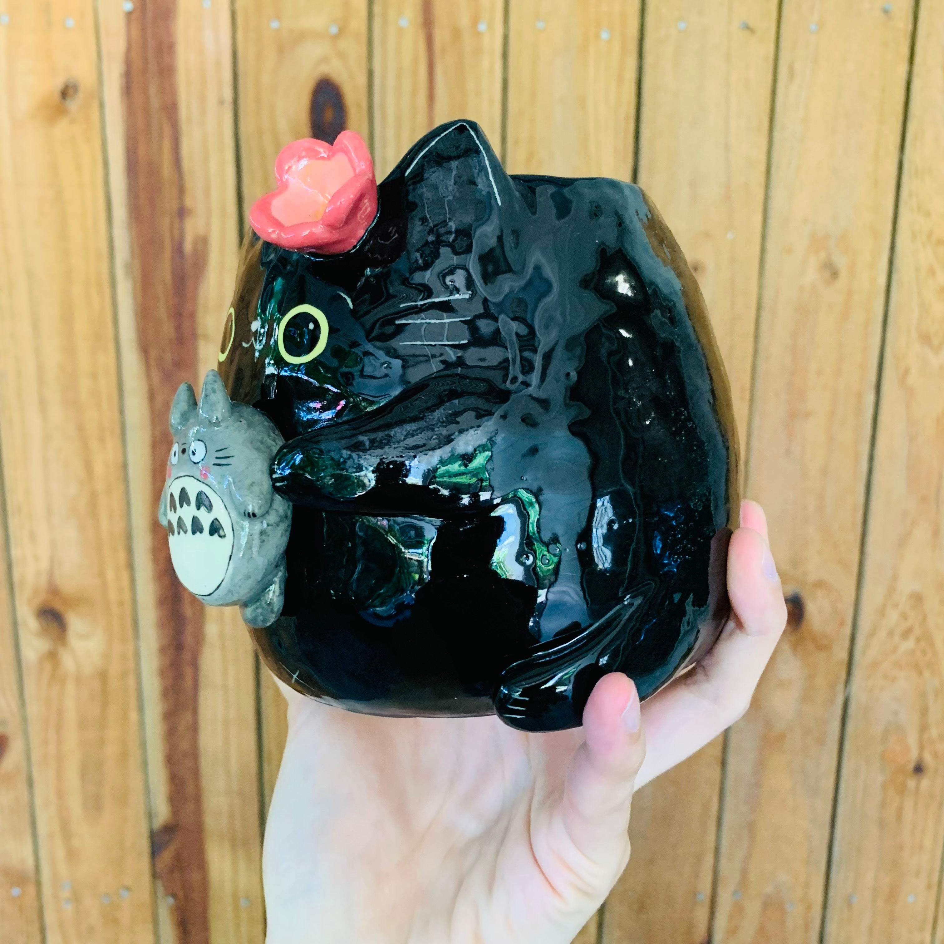 SET OF 2! Black cat pot with Totoro friend AND Totoro pot with black cat friend