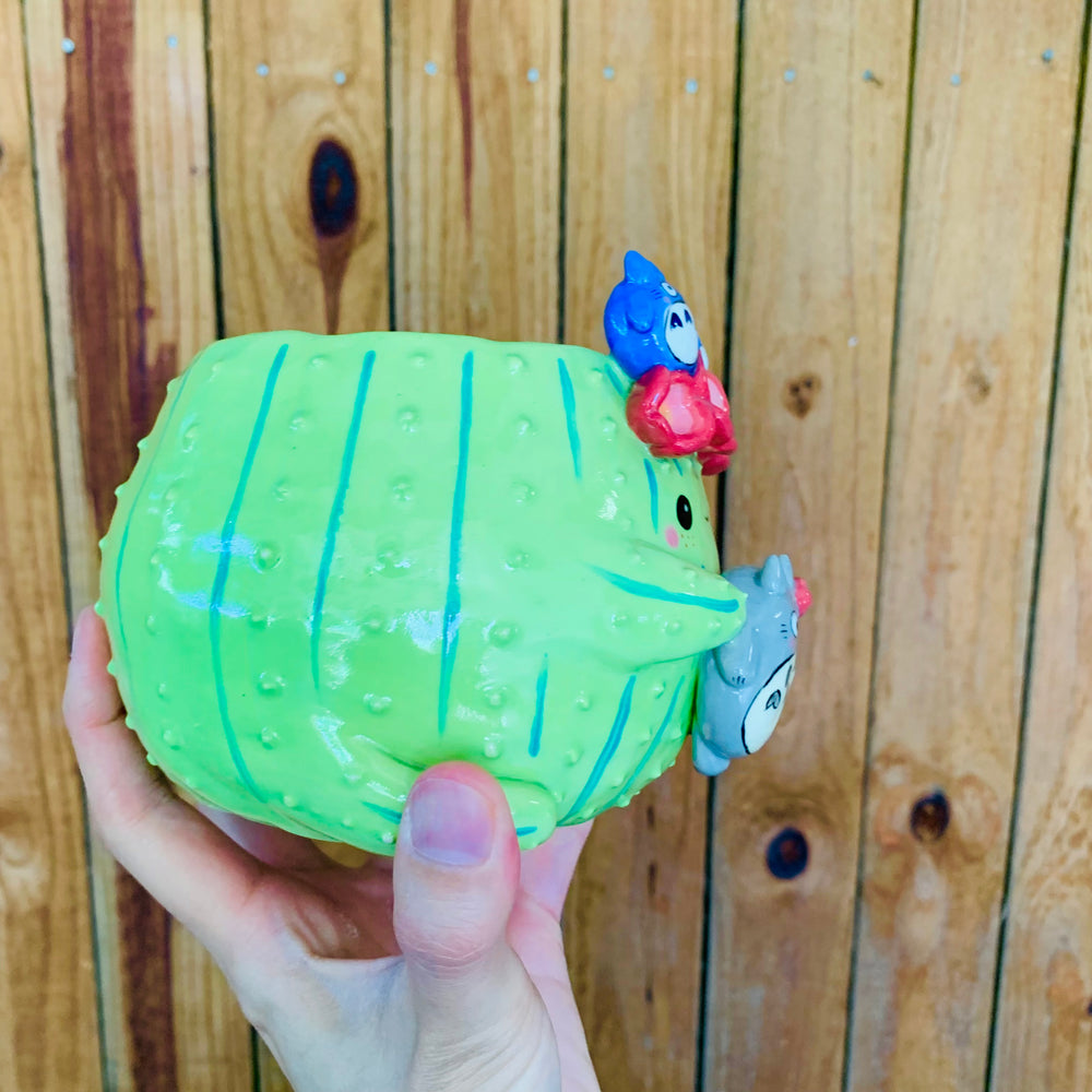 Light green flower crown cactus pot with Totoro friends, photo 2 of 9