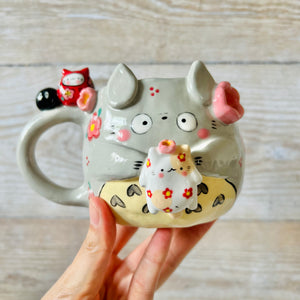 LNY TOTORO MUG with Cat and Daruma cat friends