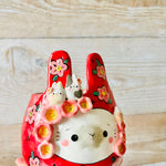 LNY RED Flowery Daruma Bunny pot with bunny friends