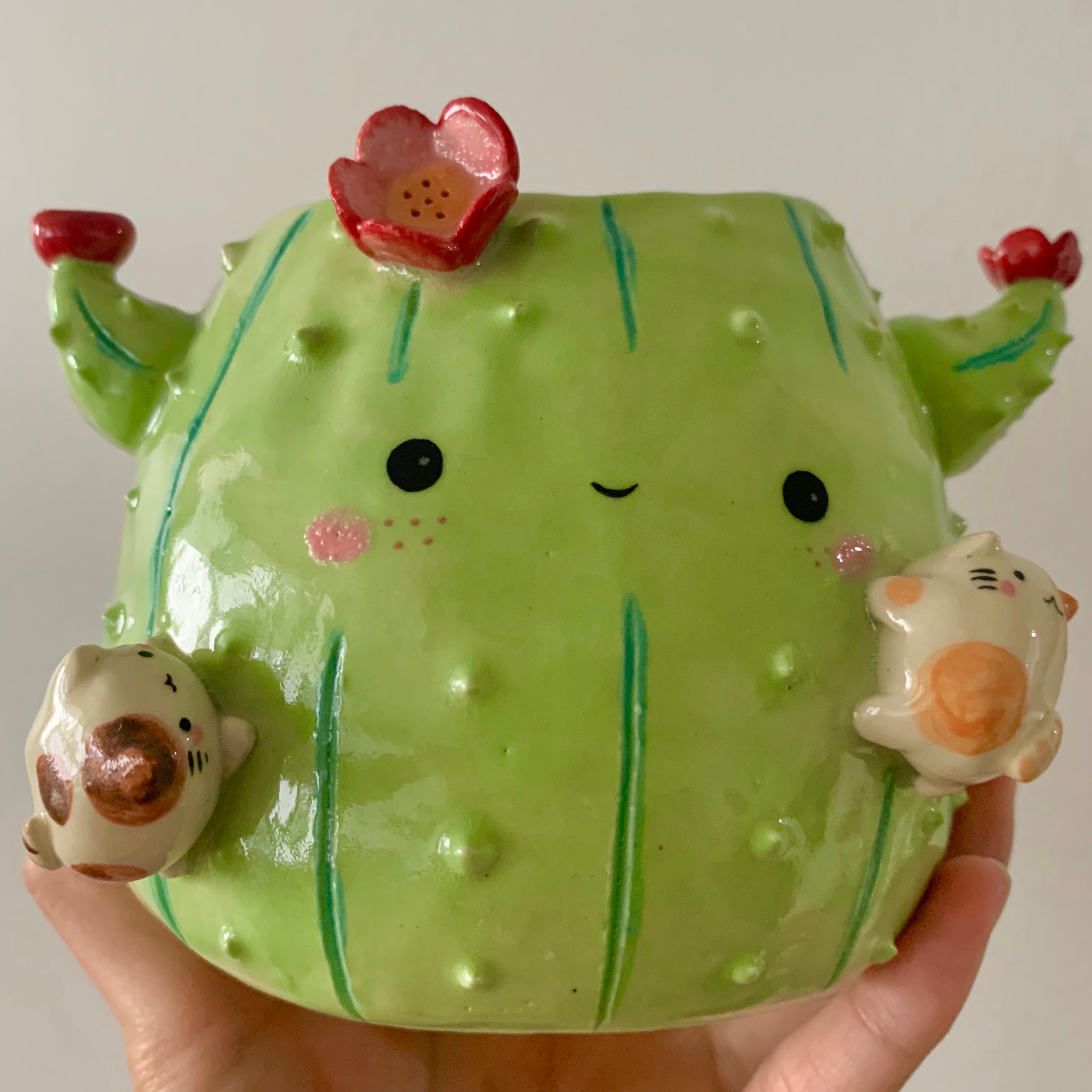 Flowery cactus pot with cat friends