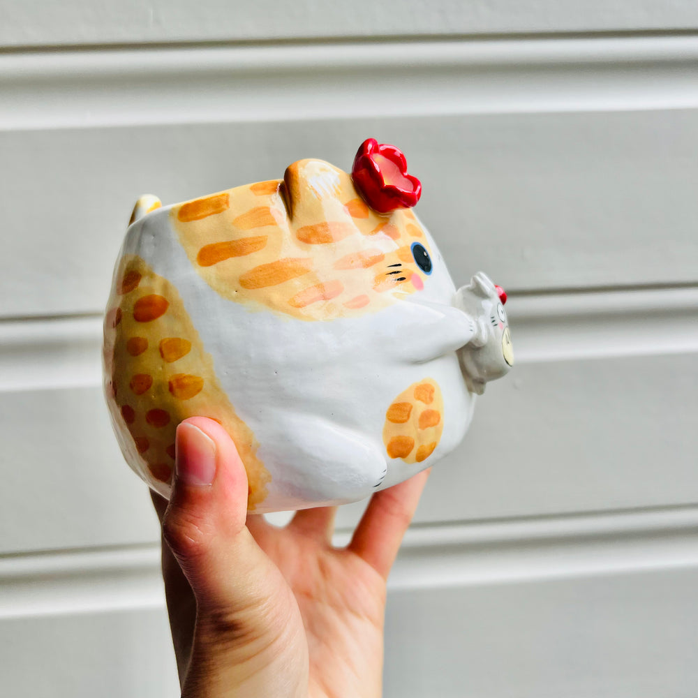 Ginger cat pot with Totoro friend, photo 2 of 5