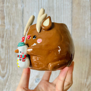 FESTIVE REINDEER POT with snowman friend