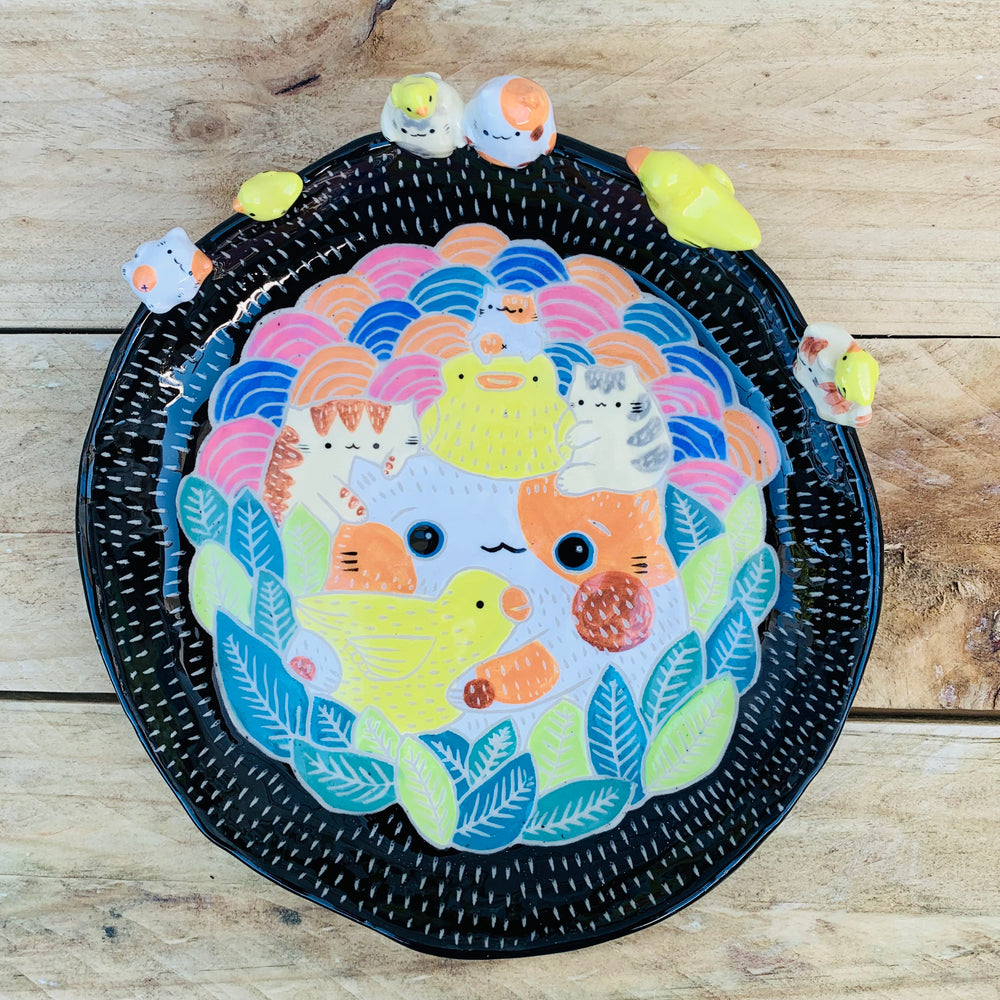 Sgraffito cat and ducky friends plate, photo 1 of 9