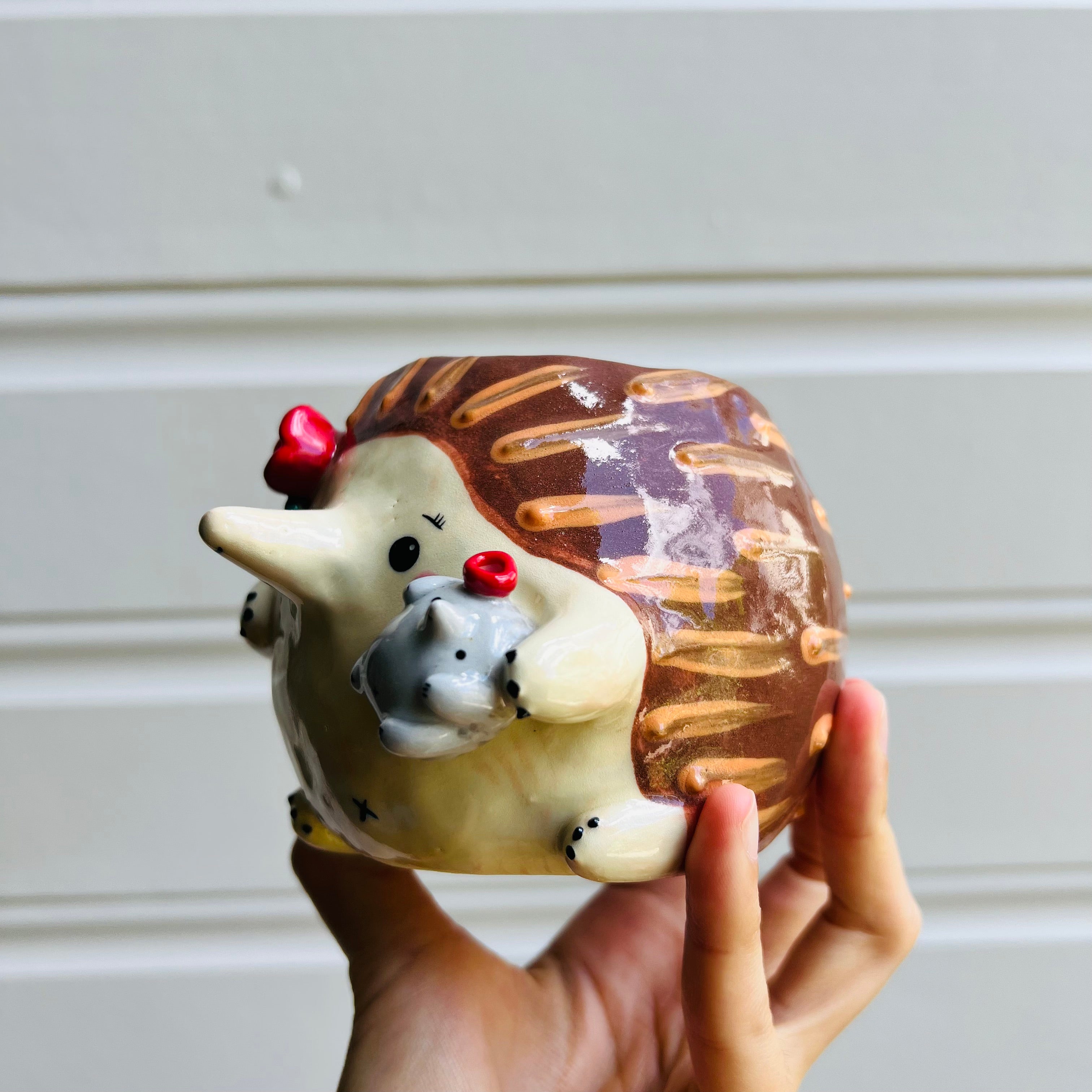 Flowery Echidna Pot with Puggle baby