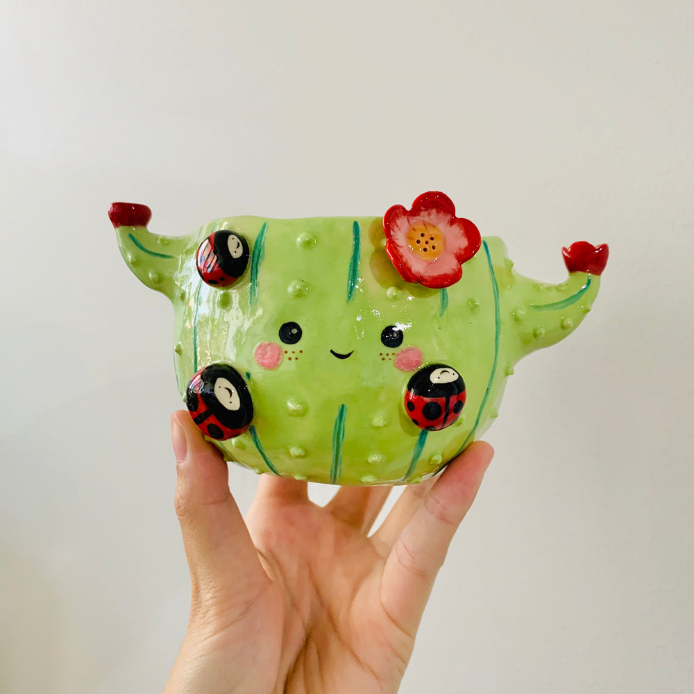 Flowery cactus pot with lady bug friends, photo 1 of 8