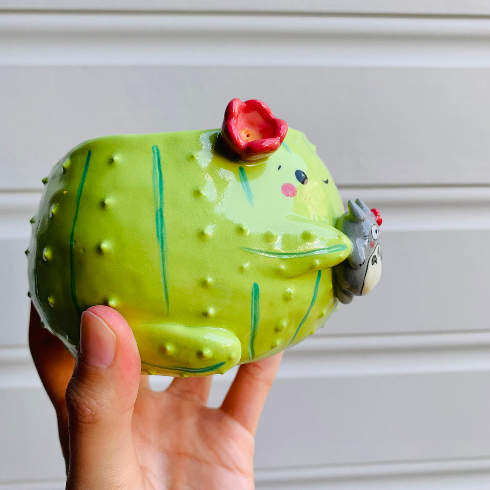 Flowery cactus pot with Totoro friend, photo 2 of 6
