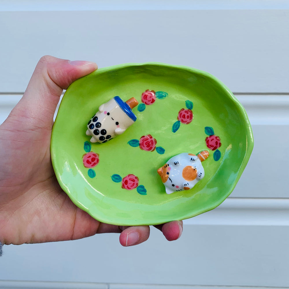 Bubble tea and cat friend flowery trinket dish, photo 2 of 6