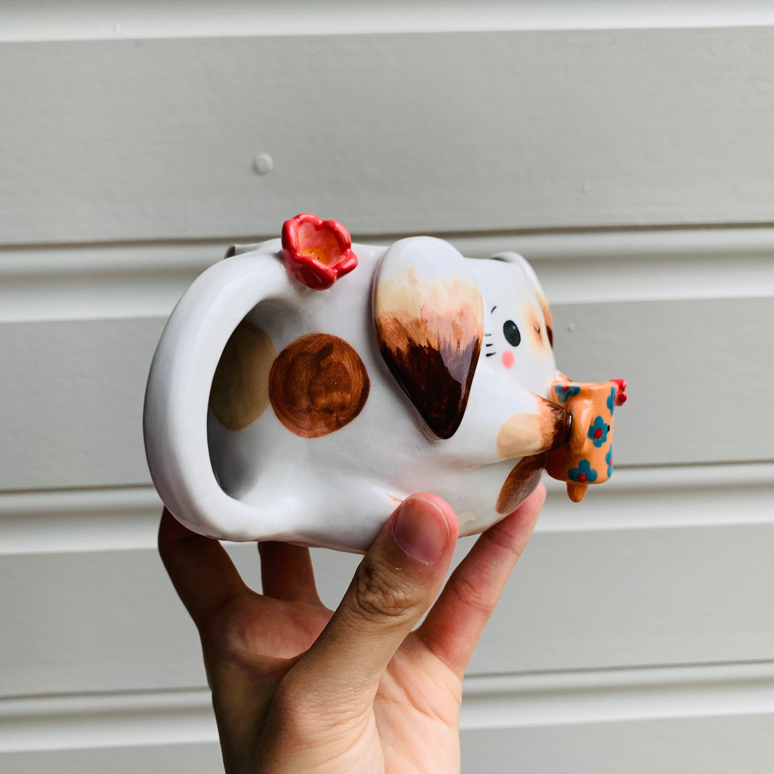 Brown and white BUNNY coffee pun mug with mug friend