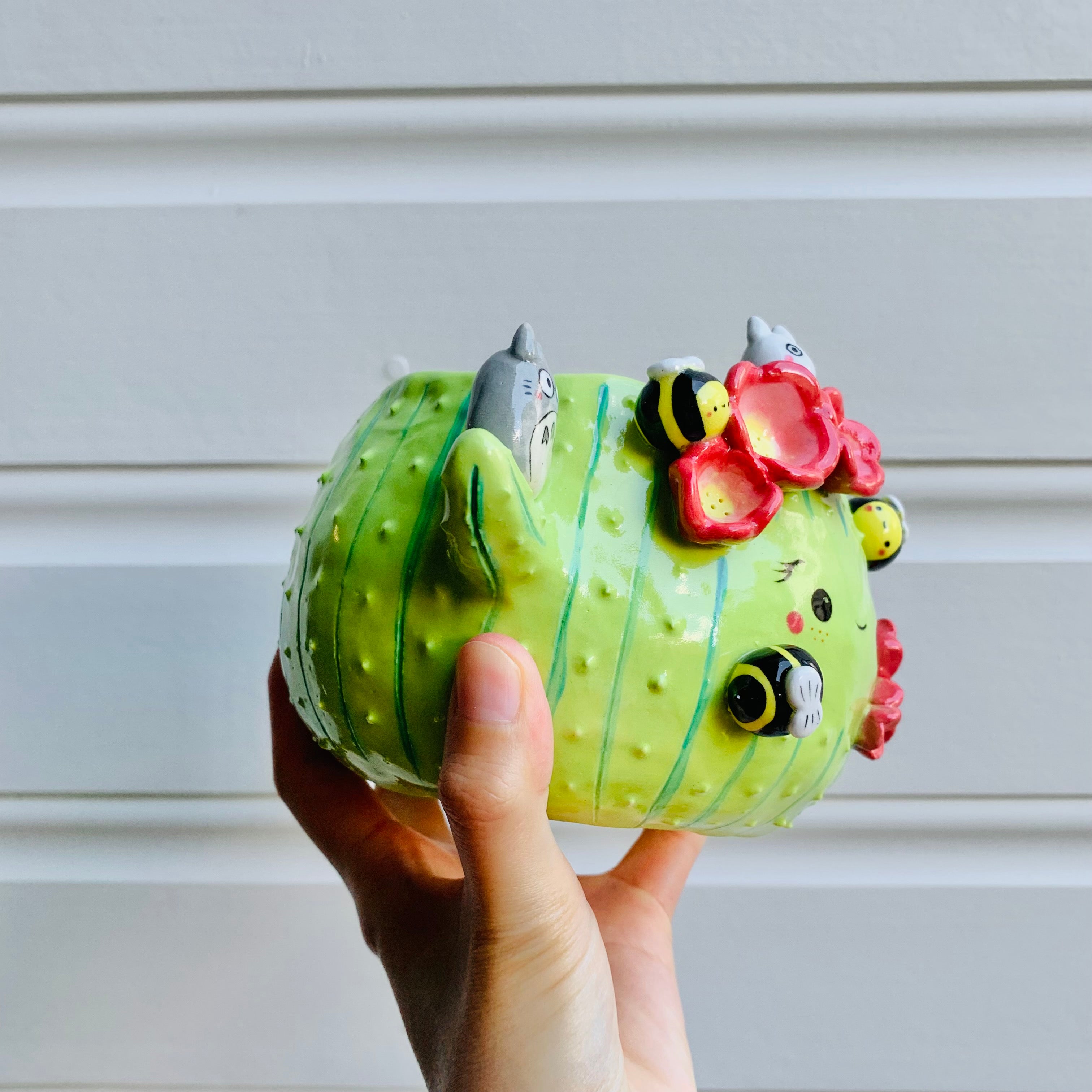 Flowery cactus pot with Totoro and bee friends