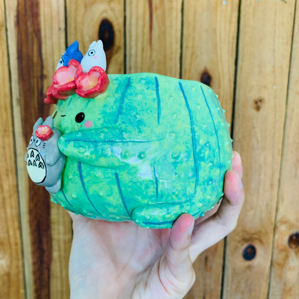 Dark green flower crown cactus pot with Totoro friends, photo 3 of 9