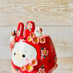 LNY RED Flowery Daruma pot with bunny friends