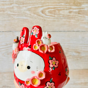 LNY RED Flowery Daruma pot with bunny friends