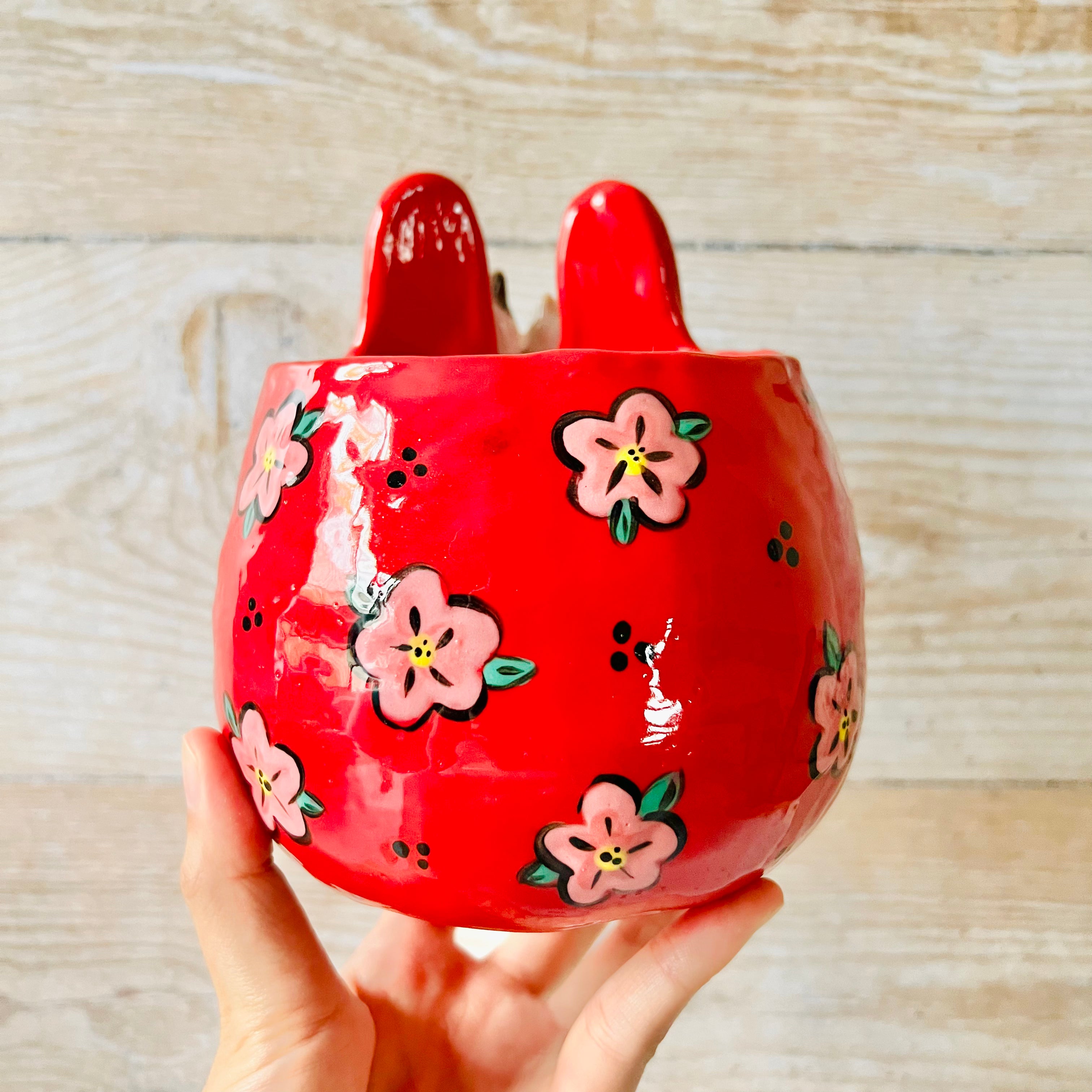 LNY RED Flowery Daruma bunny pot with bunny friends