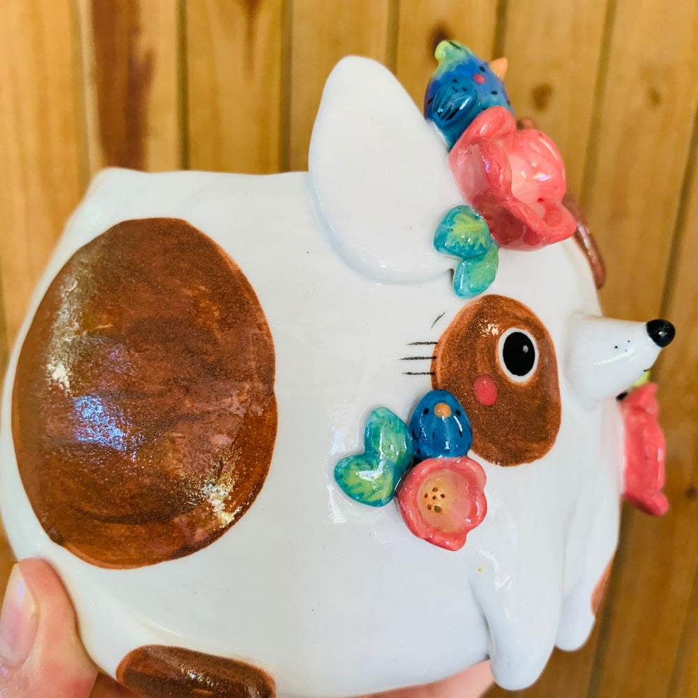 Spotty brown doggo pot with bird fam, photo 6 of 11