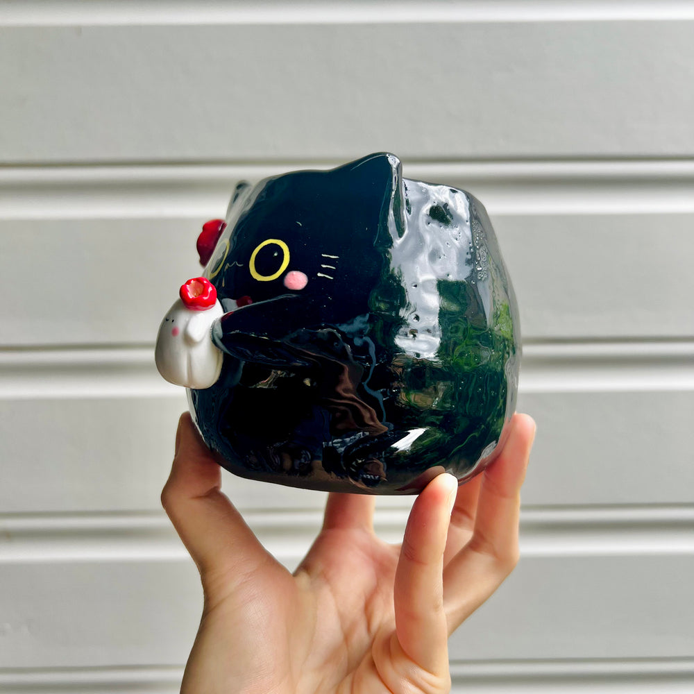 Halloween black cat pot with ghost friend, photo 3 of 7