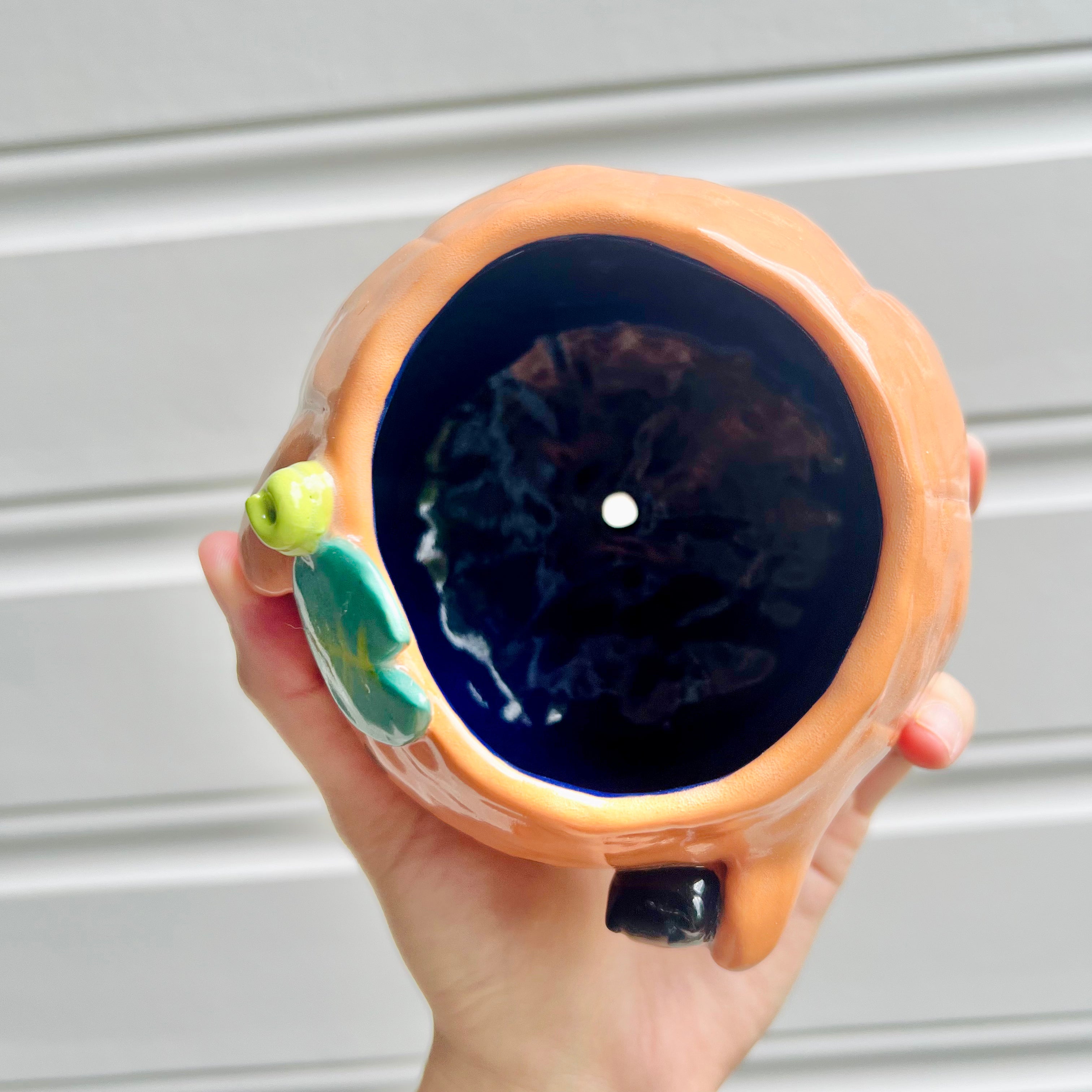 Halloween pumpkin pot with black cat friend