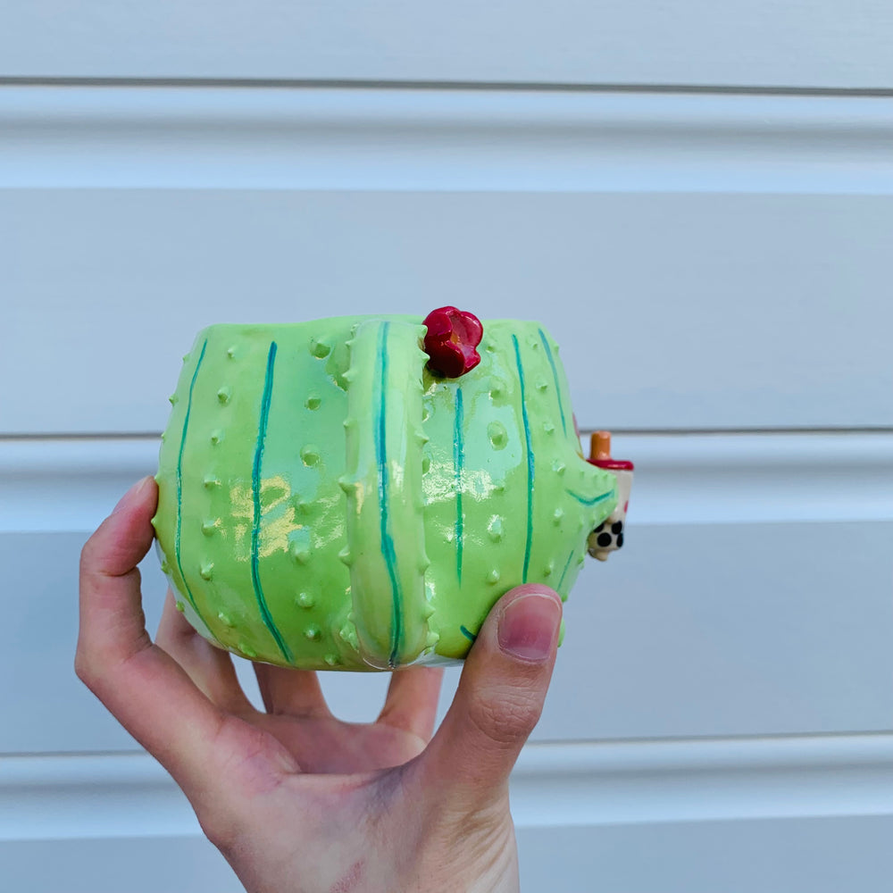 Light green flowery cactus mug with bubble tea friend, photo 3 of 8