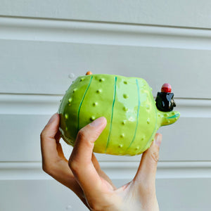 Flowery cactus pot with black cats and bird friends