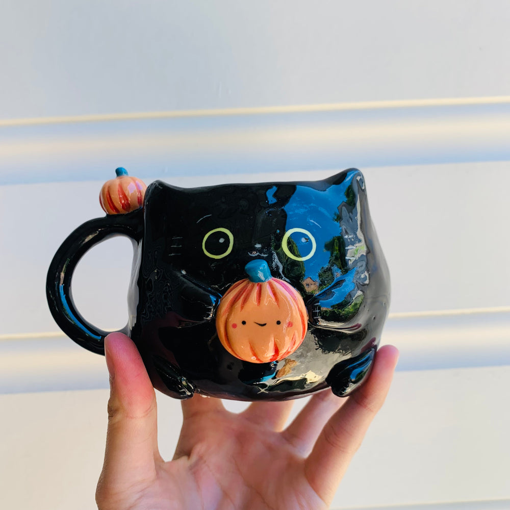 Black cat mug with pumpkin friends, photo 2 of 9
