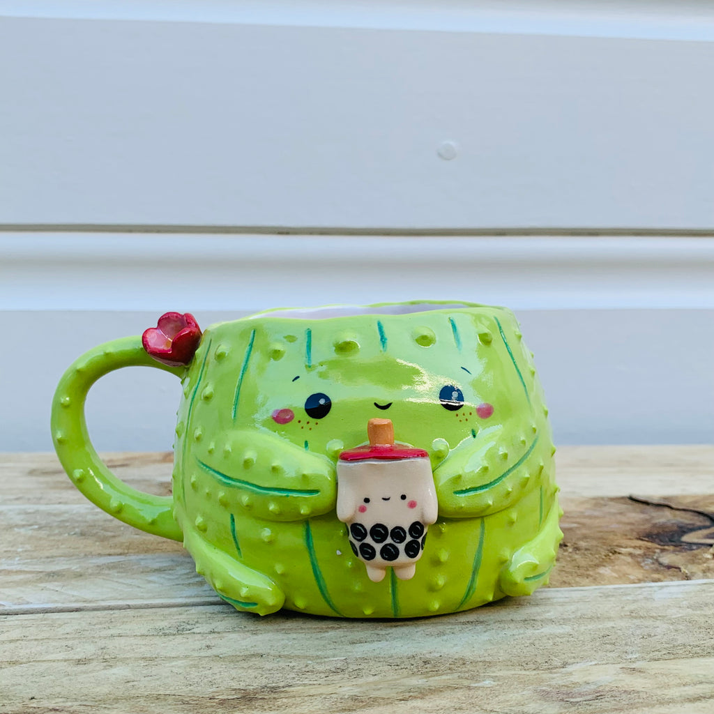 Light green flowery cactus with bubble tea friend