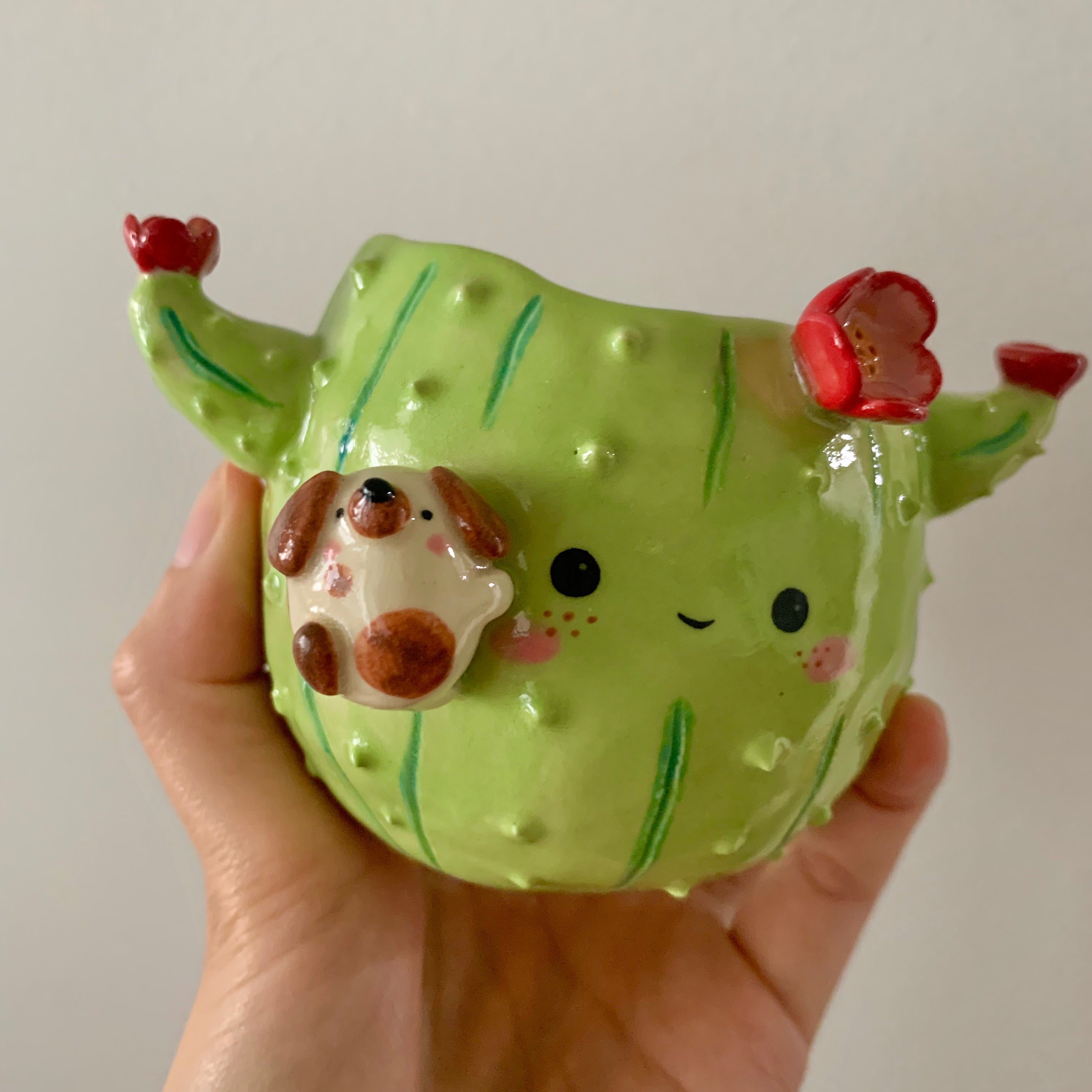 Flowery cactus pot with doggo friend