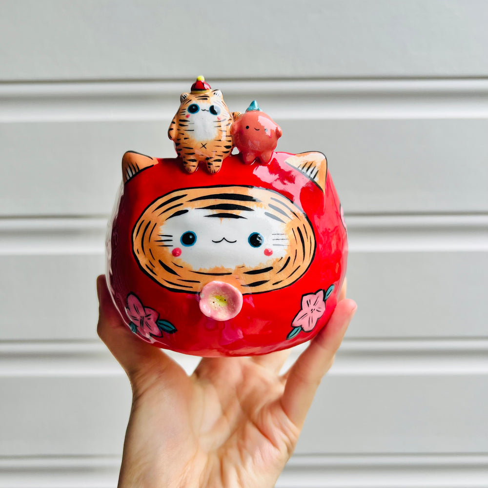 DARUMA red tiger pot with baby tiger and mandarin friend, photo 1 of 5