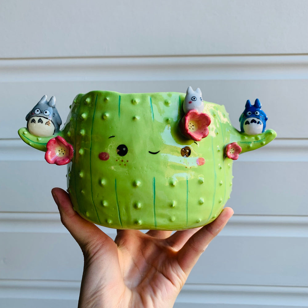 Light green flowery cactus pot with Totoro friends, photo 1 of 10