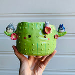 Light green flowery cactus pot with Totoro friends