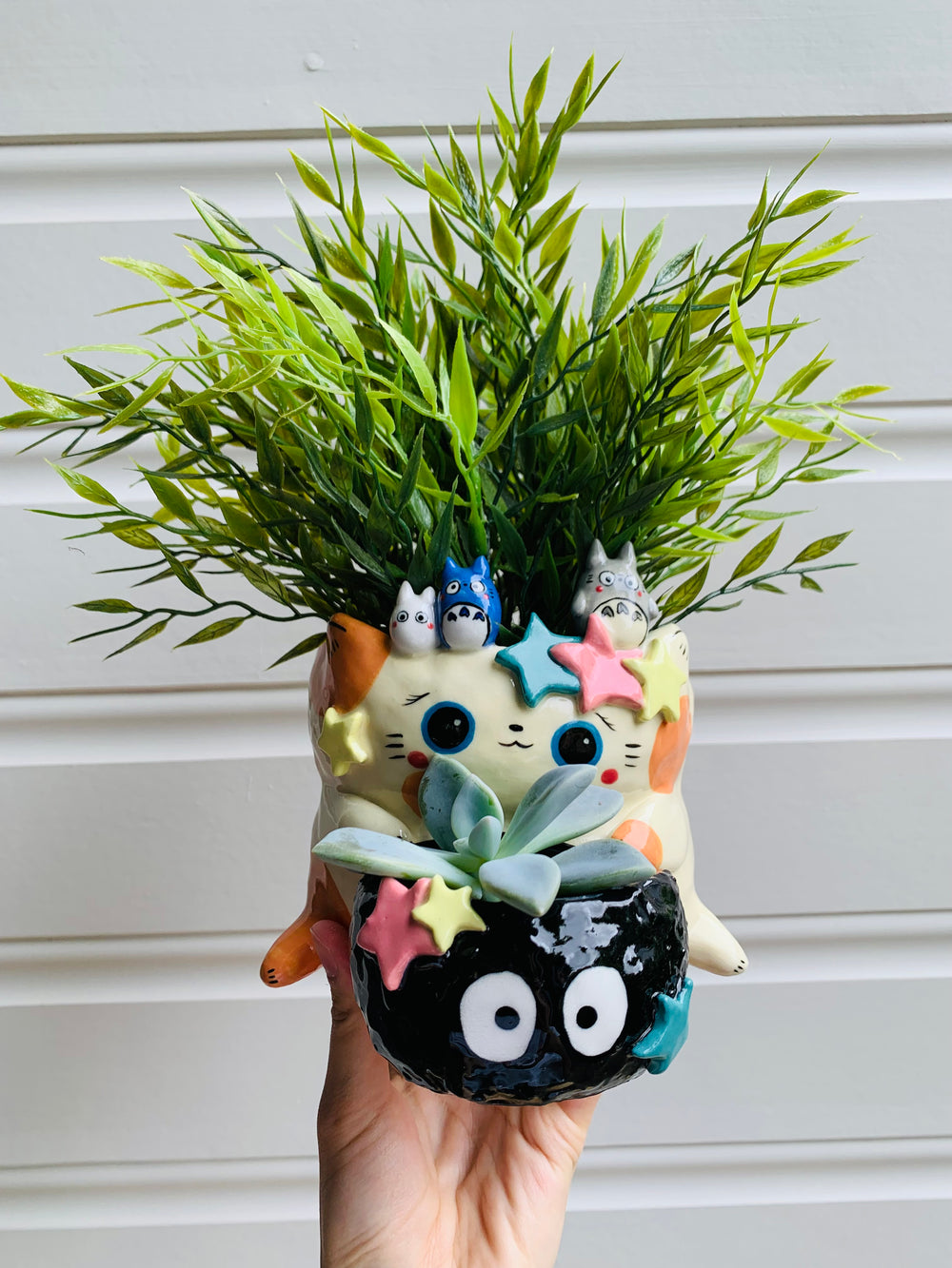 2 in 1 Spotty ginger cat and soot sprite pot with Totoro friends, photo 13 of 16