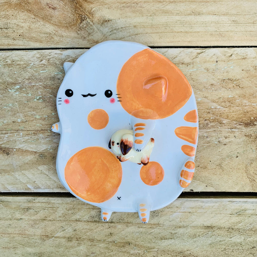 Cat with bunny friend trinket dish, photo 1 of 2