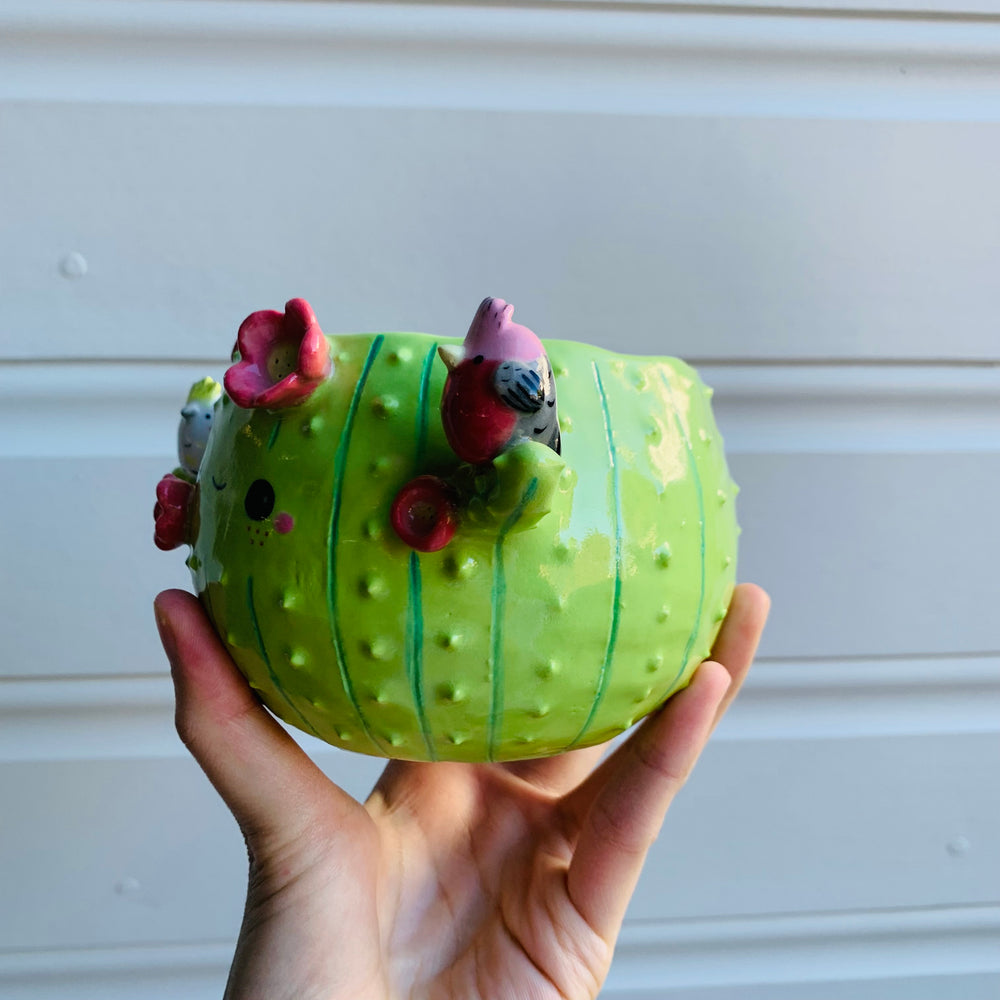 Light green flowery cactus pot with Aussie bird friends, photo 4 of 8