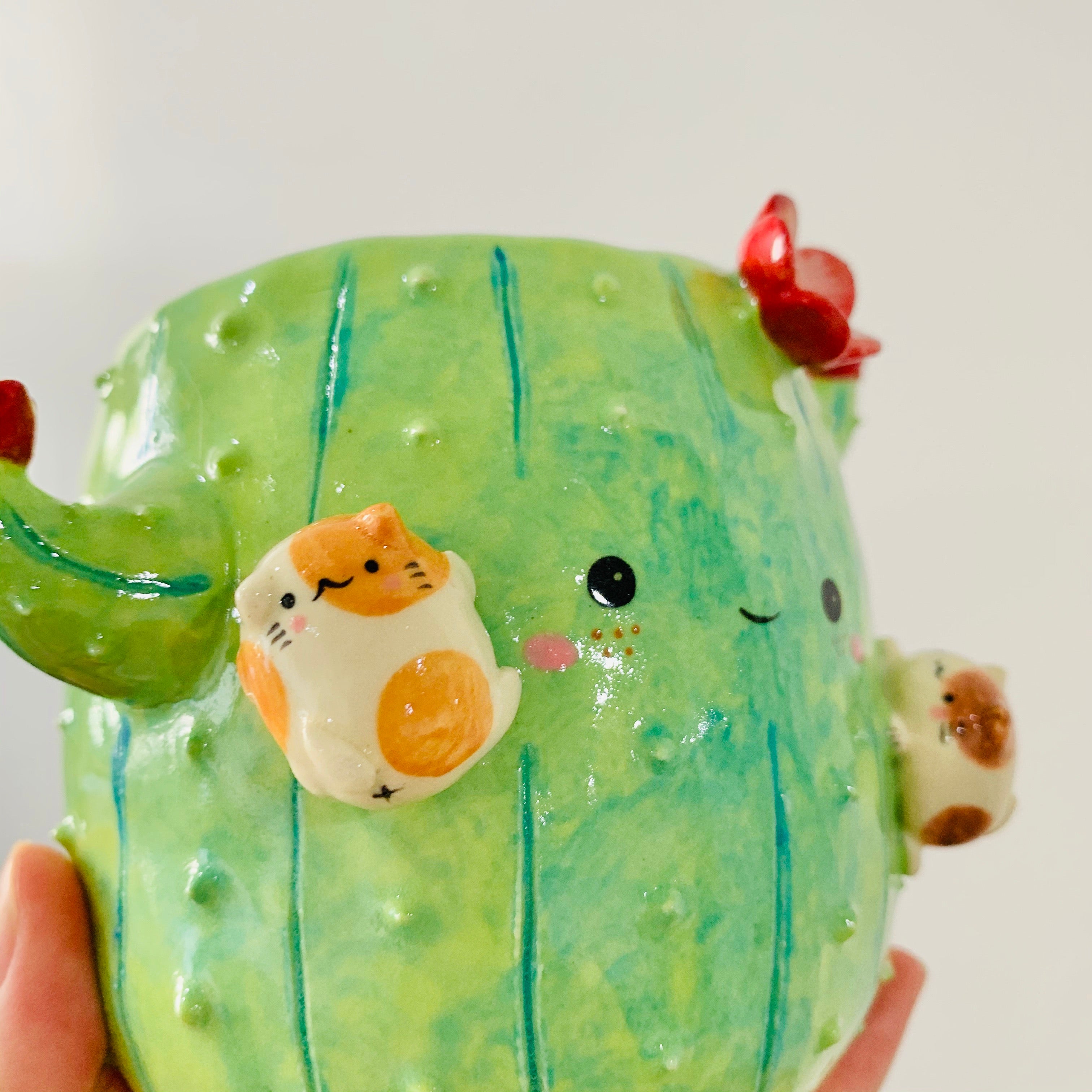 Flowery cactus pot with cat friends