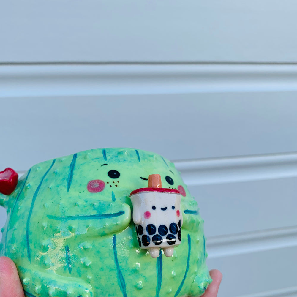 Dark green flowery cactus with bubble tea mug, photo 6 of 8