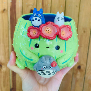 Light green flower crown cactus pot with Totoro friends