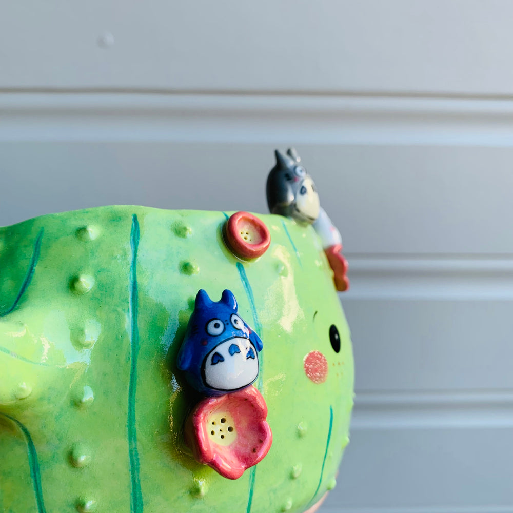 Dark green flowery cactus pot with Totoro friends, photo 4 of 9